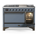 ILVE Majestic III 48-inch Dual Fuel Range with 5 Natural Gas Burner, Griddle and Solid Door Electric Oven in Blue Grey with Burnished Trim (UM48FQNR3BGB)
