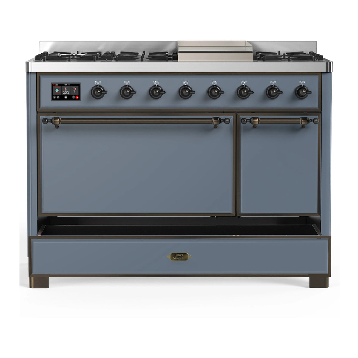 Blue grey dual fuel range with two closed doors, back control bar, and cooktop burners
