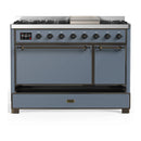 ILVE Majestic III 48-inch Dual Fuel Range with 5 Natural Gas Burner, Griddle and Solid Door Electric Oven in Blue Grey with Burnished Trim (UM48FQNR3BGB)
