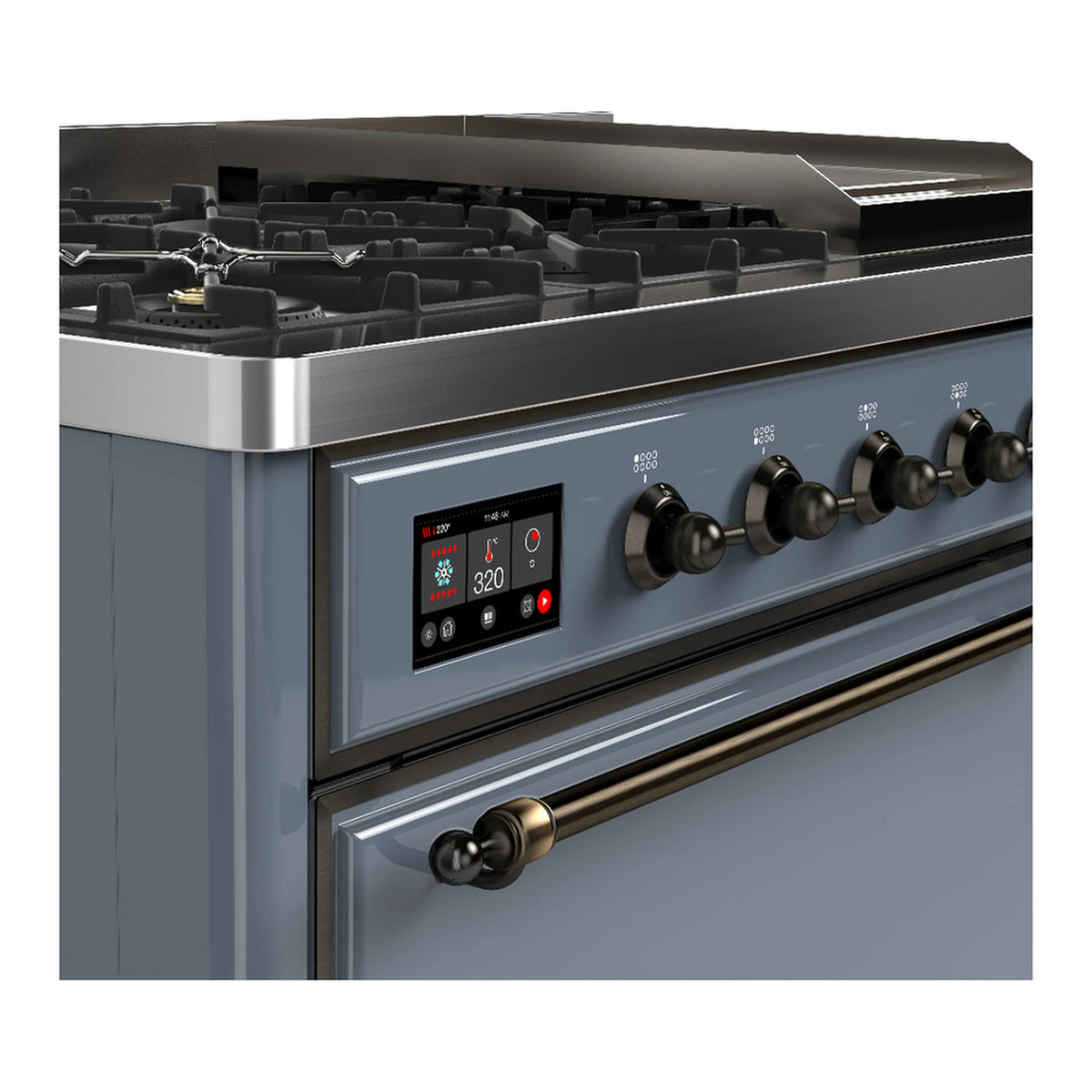 Dual fuel range control panel with digital display and burner knobs in blue grey finish