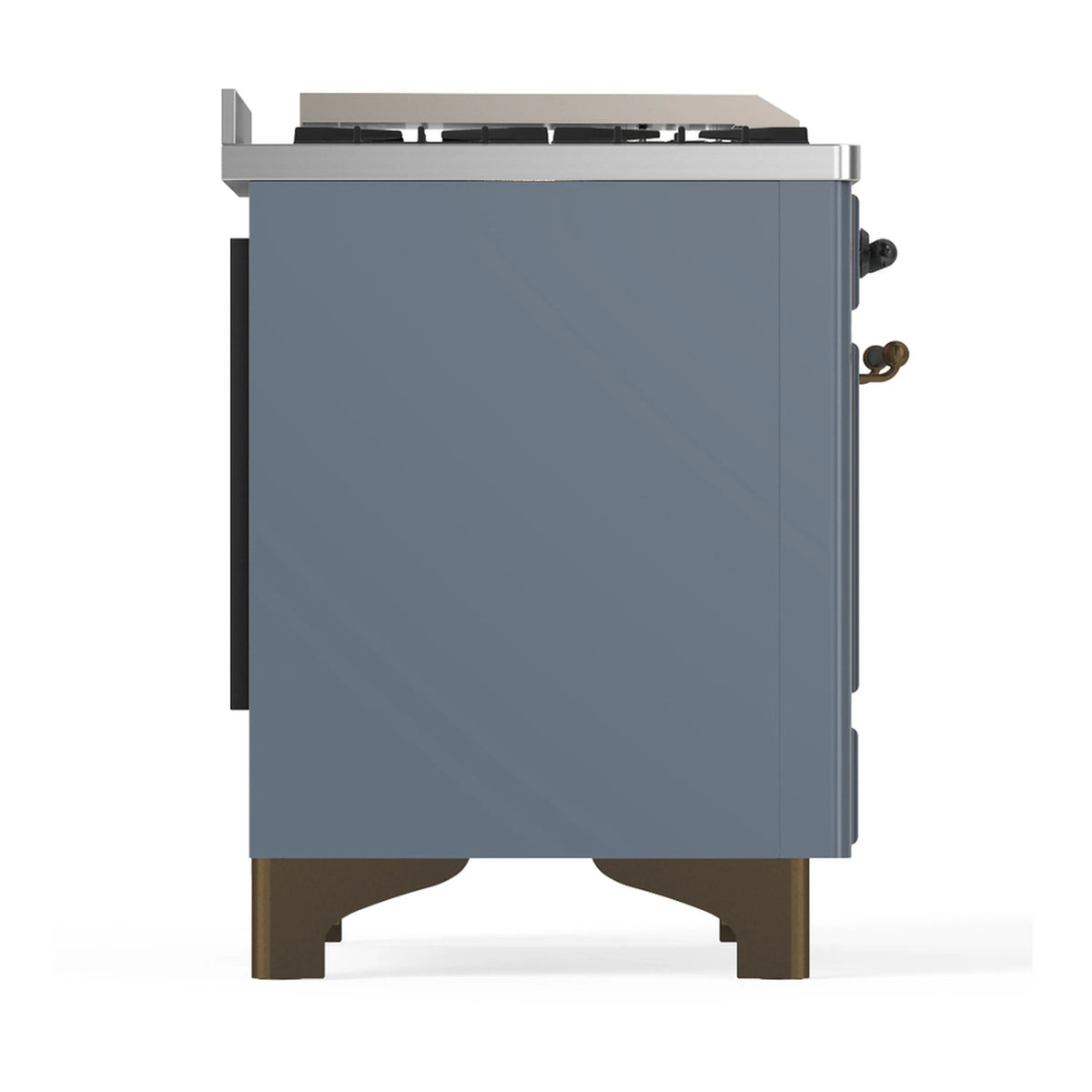 Blue grey dual fuel range side panel with bronze handles and black trim detail