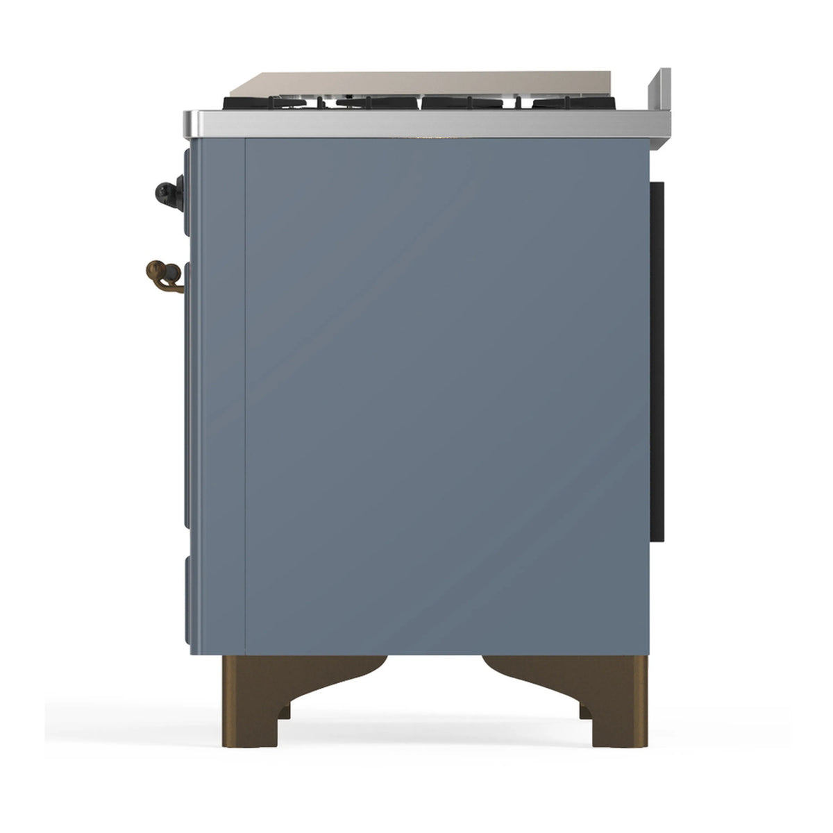 Blue grey dual fuel range rear side panel with bronze fittings and black feet