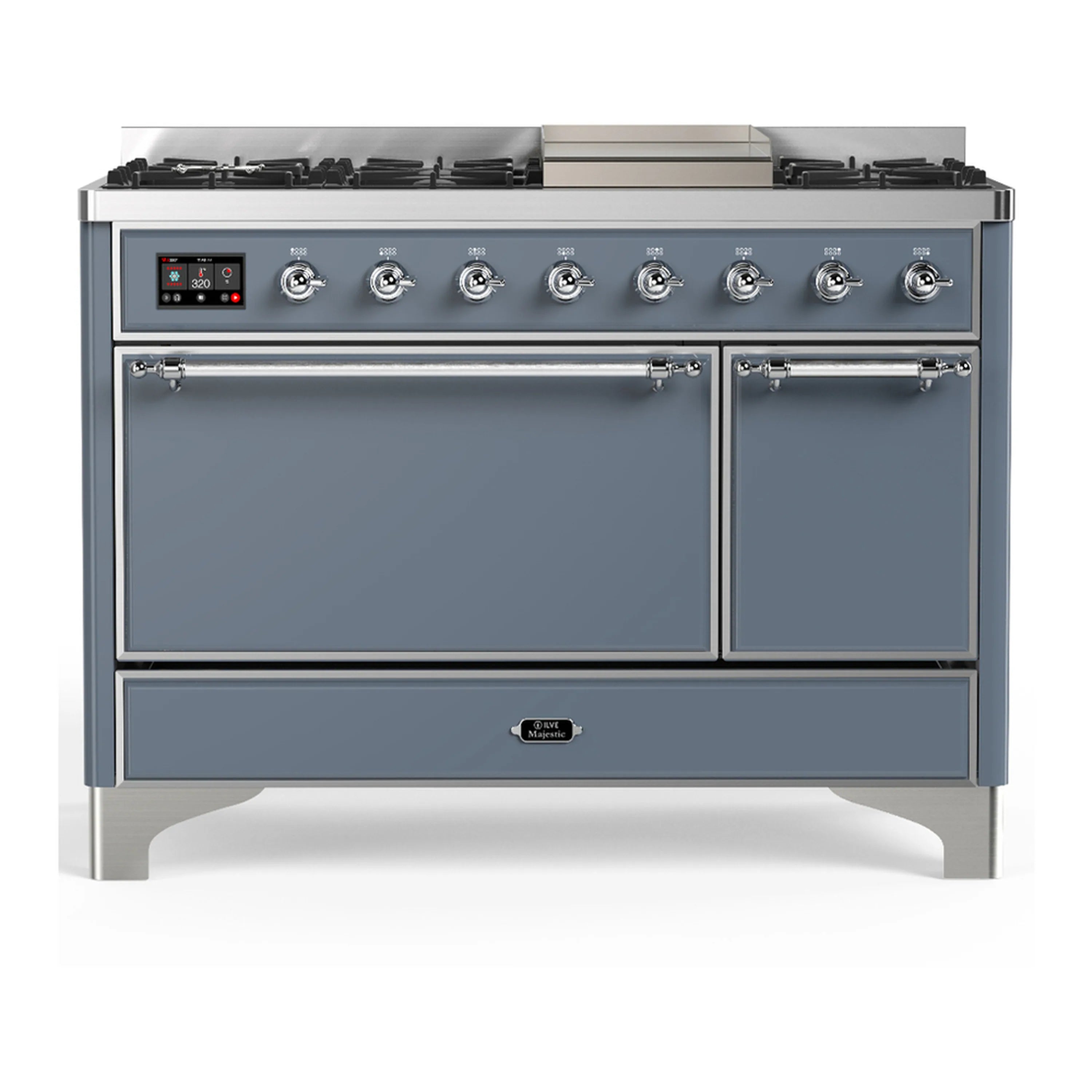 Blue grey dual fuel range with chrome trim, burner knobs and closed oven with storage drawer