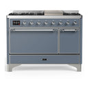 ILVE Majestic III 48-inch Dual Fuel Range with 5 Natural Gas Burner, Griddle and Solid Door Electric Oven in Blue Grey with Chrome Trim (UM48FQNR3BGC)
