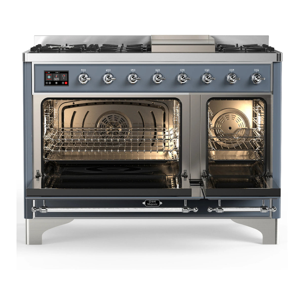 Blue grey dual fuel range with chrome trim, open oven doors and burner control panel