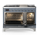 ILVE Majestic III 48-inch Dual Fuel Range with 5 Natural Gas Burner, Griddle and Solid Door Electric Oven in Blue Grey with Chrome Trim (UM48FQNR3BGC)