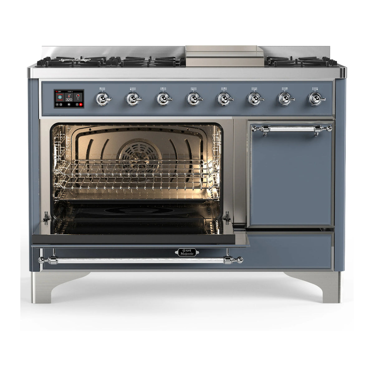 Blue grey dual fuel range with chrome trim, burners and closed oven plus storage drawer