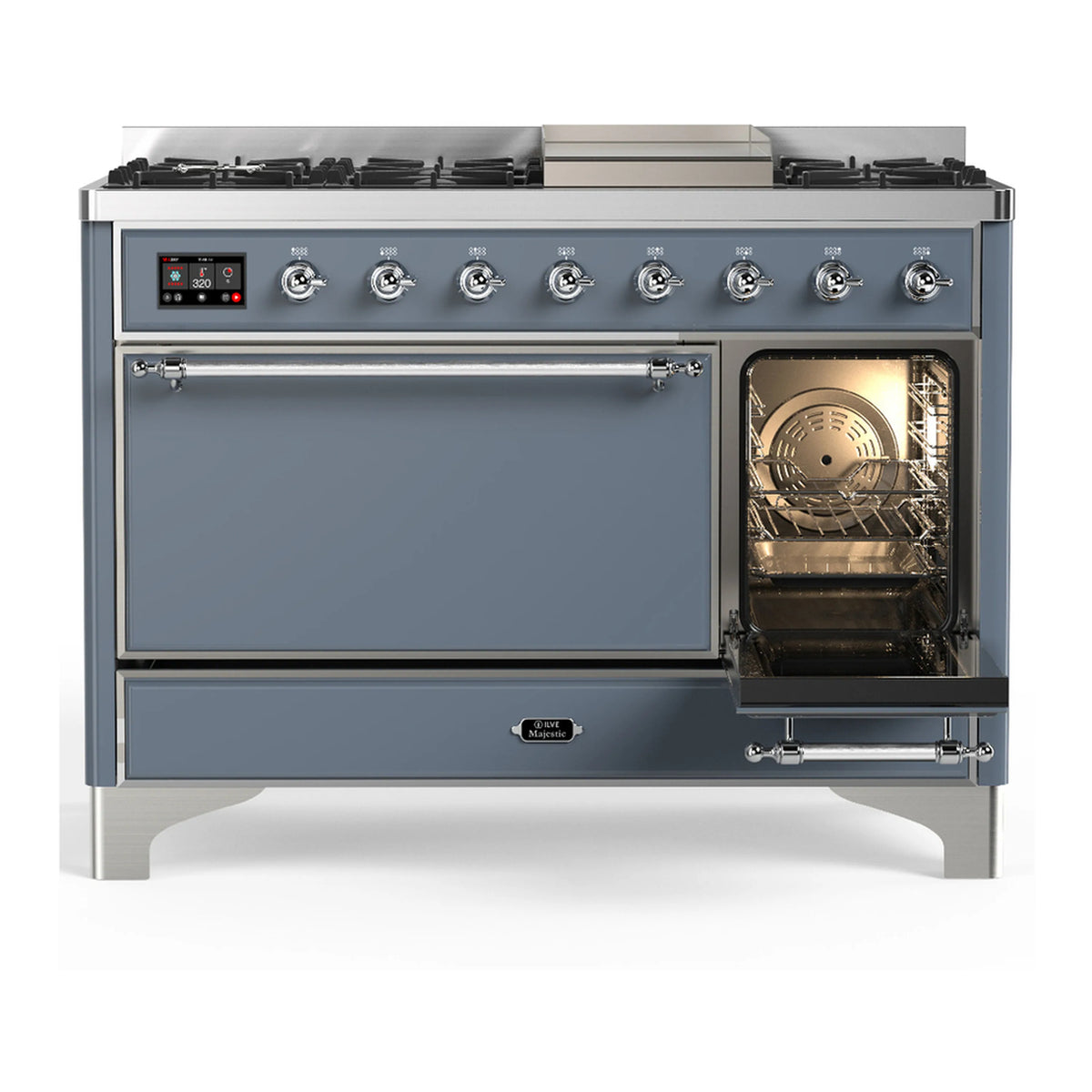 Blue grey dual fuel range with chrome trim, burners, large oven door and oven window