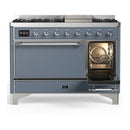 ILVE Majestic III 48-inch Dual Fuel Range with 5 Natural Gas Burner, Griddle and Solid Door Electric Oven in Blue Grey with Chrome Trim (UM48FQNR3BGC)