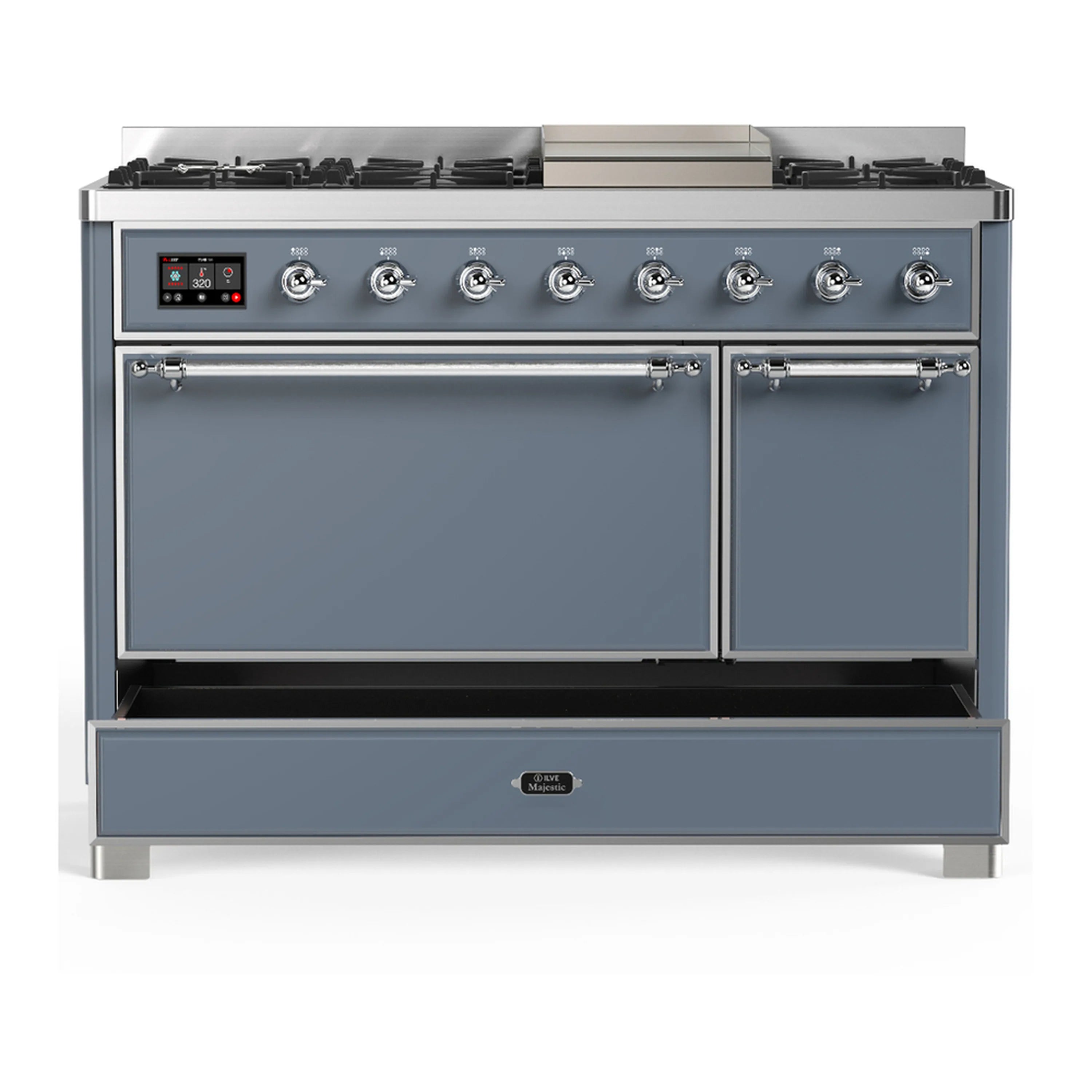 Blue grey dual fuel range with chrome trim, two closed oven doors and storage drawer