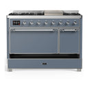 ILVE Majestic III 48-inch Dual Fuel Range with 5 Natural Gas Burner, Griddle and Solid Door Electric Oven in Blue Grey with Chrome Trim (UM48FQNR3BGC)