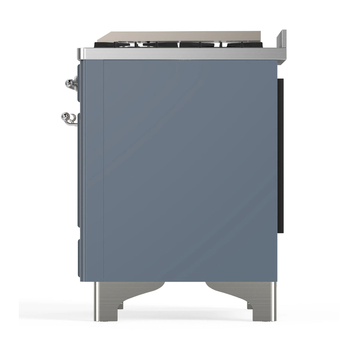 Blue grey range side panel with chrome edges and visible burner control knobs