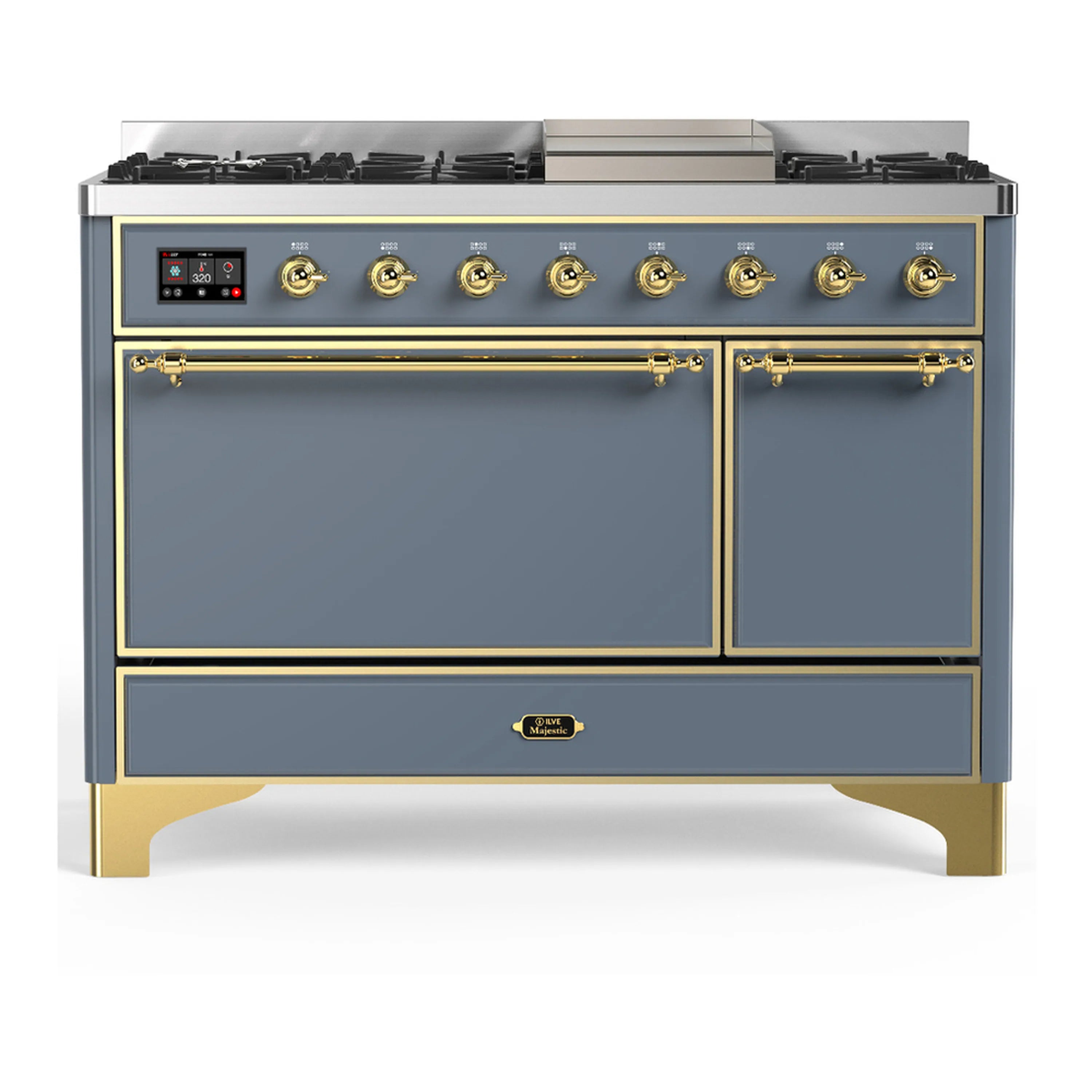 Blue-grey dual fuel range with brass trim, front control knobs and dual doors
