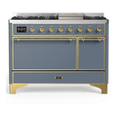 ILVE Majestic III 48-inch Dual Fuel Range with 5 Liquid Propane Burner, Griddle and Solid Door Electric Oven in Blue Grey with Brass Trim (UM48FQNR3BGGLP)