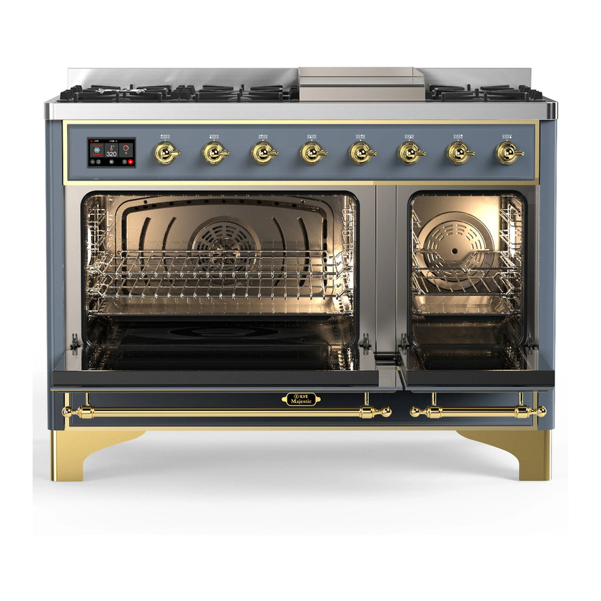 Blue-grey dual fuel range with oven open, showing wire racks and interior burners