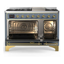 ILVE Majestic III 48-inch Dual Fuel Range with 5 Liquid Propane Burner, Griddle and Solid Door Electric Oven in Blue Grey with Brass Trim (UM48FQNR3BGGLP)