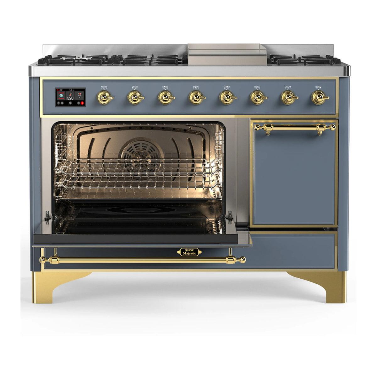 Blue-grey dual fuel range with oven open and right-side solid door, brass accents