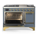ILVE Majestic III 48-inch Dual Fuel Range with 5 Liquid Propane Burner, Griddle and Solid Door Electric Oven in Blue Grey with Brass Trim (UM48FQNR3BGGLP)