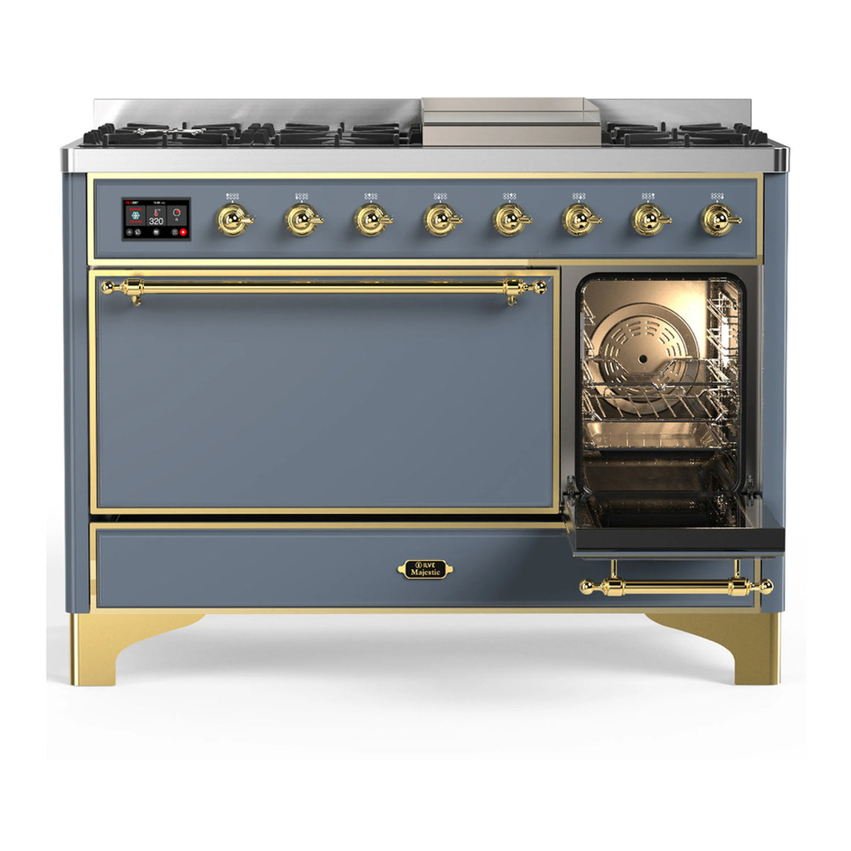 Blue-grey dual fuel range with oven closed and brass handle, front control panel