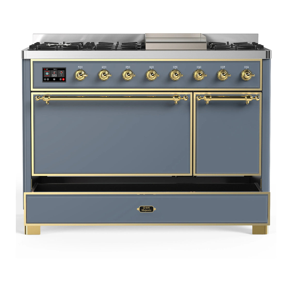 Blue-grey dual fuel range front view with two doors and brass-trimmed handles