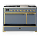 ILVE Majestic III 48-inch Dual Fuel Range with 5 Liquid Propane Burner, Griddle and Solid Door Electric Oven in Blue Grey with Brass Trim (UM48FQNR3BGGLP)