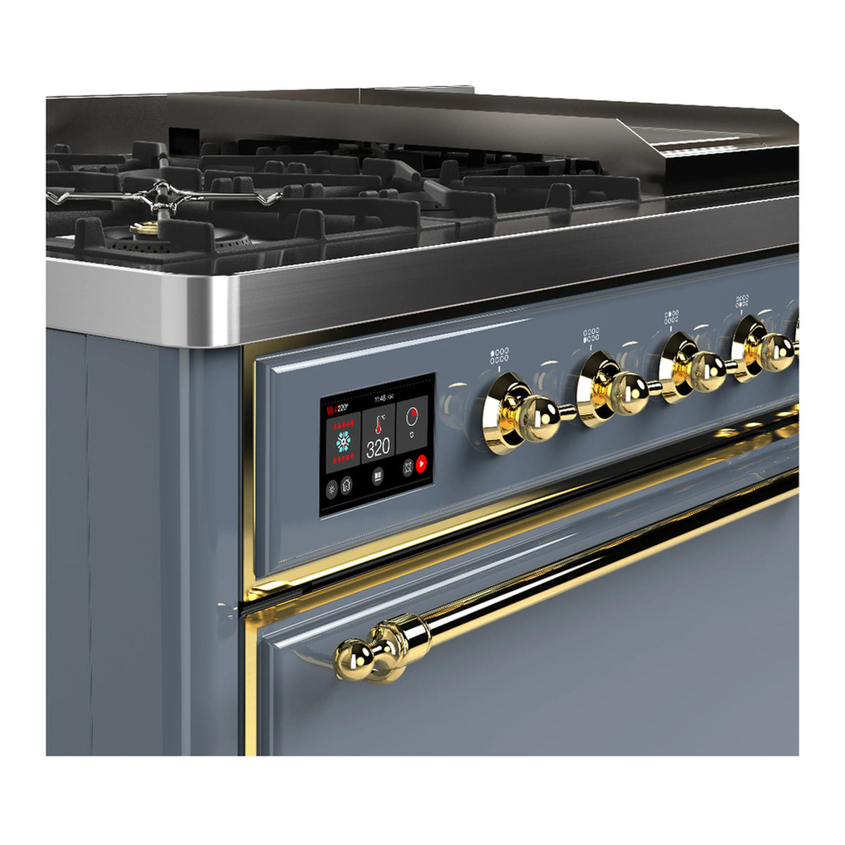 Close-up of blue-grey dual fuel range control panel with brass knobs and display