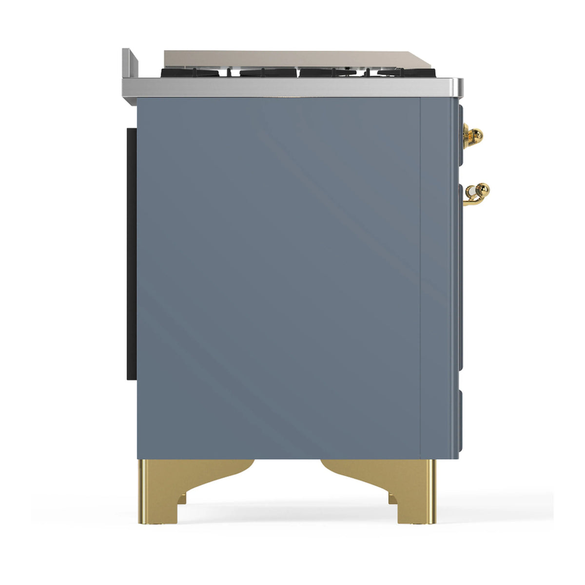 Blue-grey side panel of dual fuel range with brass trim legs and top grates