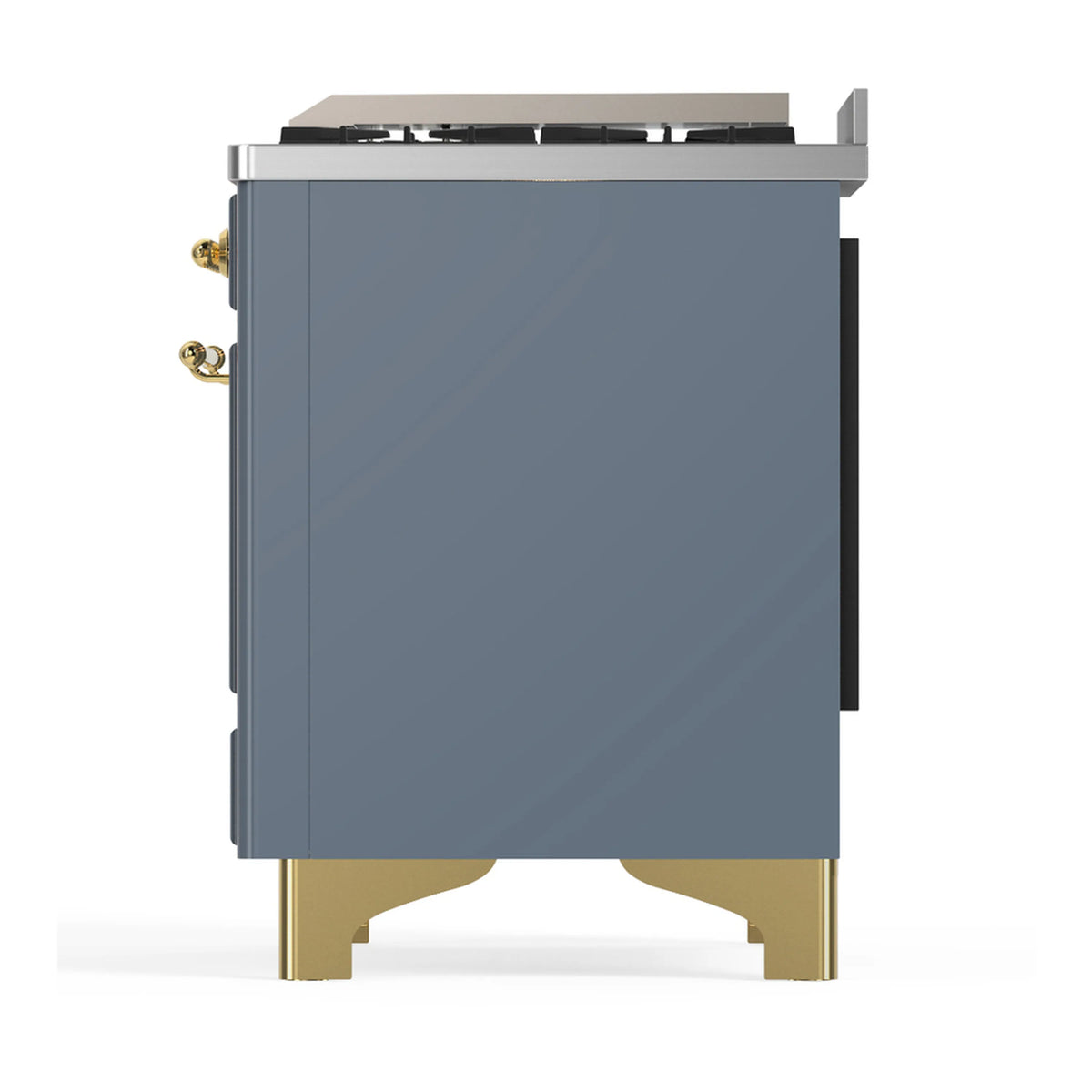 Blue-grey dual fuel range rear side panel with brass-trimmed legs and side handles
