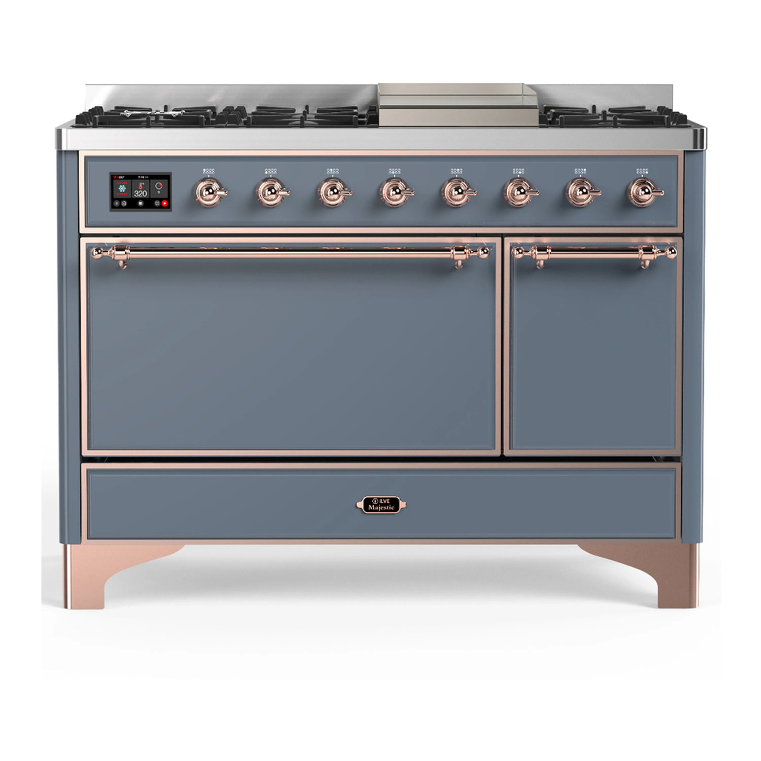 ILVE dual fuel range in blue-gray with copper trim, double doors closed and control knobs