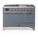 ILVE Majestic III 48-inch Dual Fuel Range with 5 Liquid Propane Burner, Griddle and Solid Door Electric Oven in Blue Grey with Copper Trim (UM48FQNR3BGPLP)
