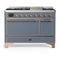 ILVE Majestic III 48-inch Dual Fuel Range with 5 Liquid Propane Burner, Griddle and Solid Door Electric Oven in Blue Grey with Copper Trim (UM48FQNR3BGPLP)
