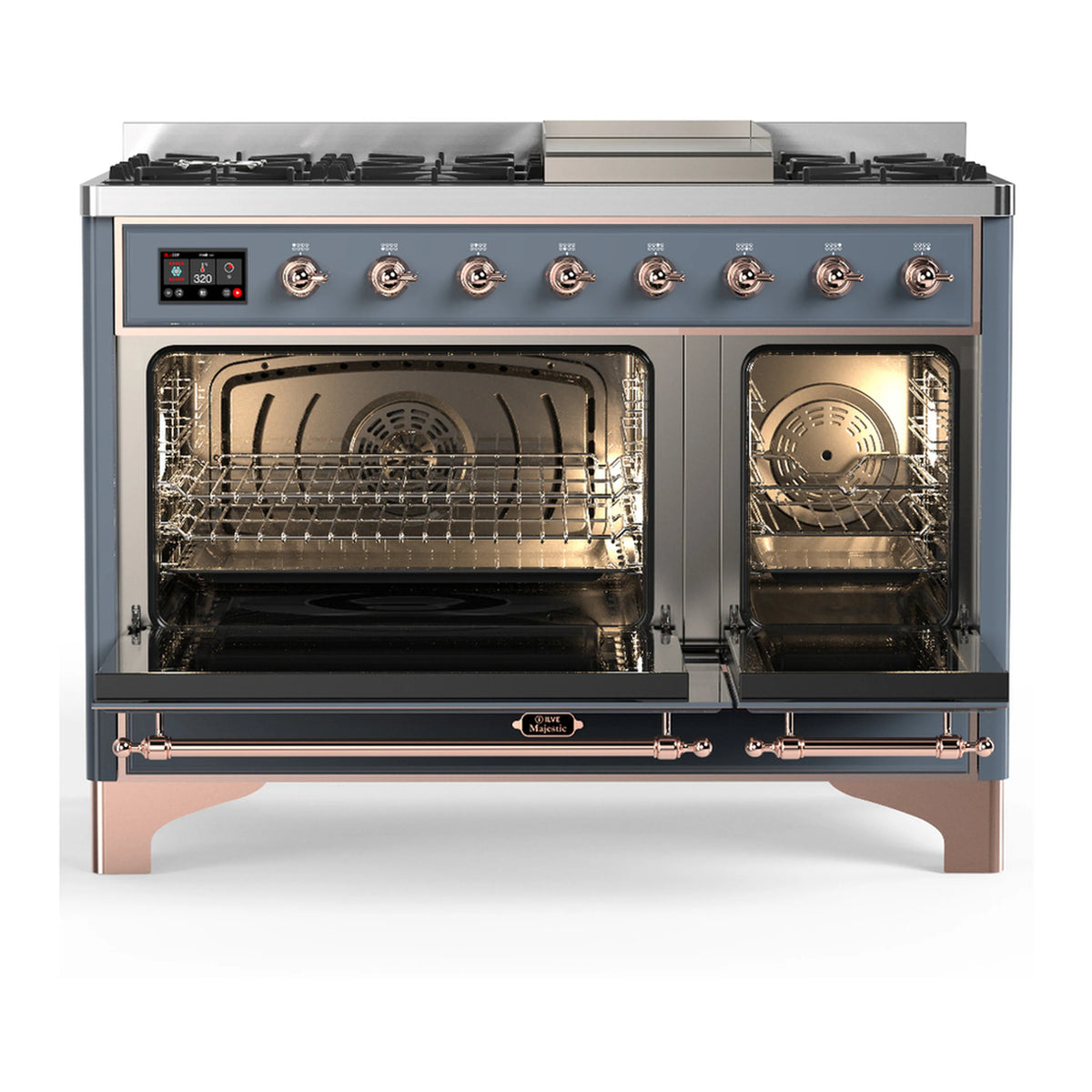 ILVE dual fuel range in blue grey with copper trim, front burners, oven doors open