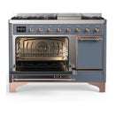 ILVE Majestic III 48-inch Dual Fuel Range with 5 Natural Gas Burner, Griddle and Solid Door Electric Oven in Blue Grey with Copper Trim (UM48FQNR3BGP)