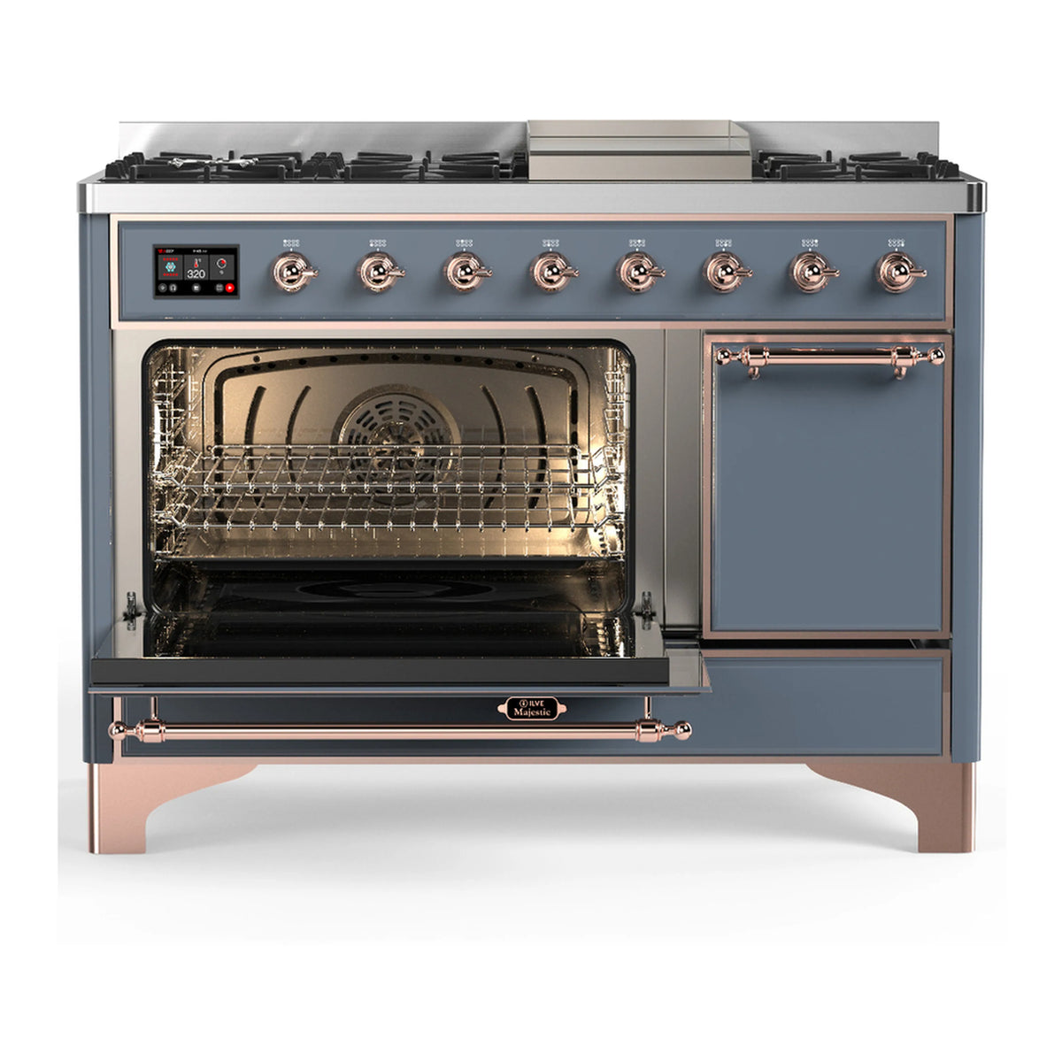 ILVE dual fuel range with oven door open, interior racks visible, blue-gray finish and copper trim