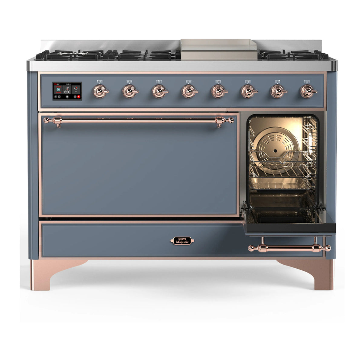 ILVE dual fuel range in blue grey with copper trim, left door open with oven interior