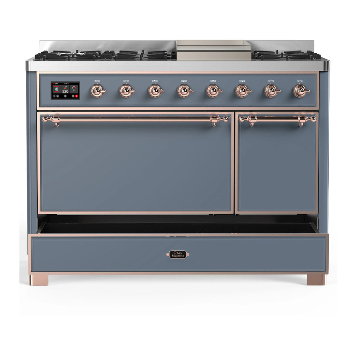 ILVE dual fuel range in blue grey with copper trim, front view with two doors closed