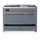 ILVE Majestic III 48-inch Dual Fuel Range with 5 Natural Gas Burner, Griddle and Solid Door Electric Oven in Blue Grey with Copper Trim (UM48FQNR3BGP)