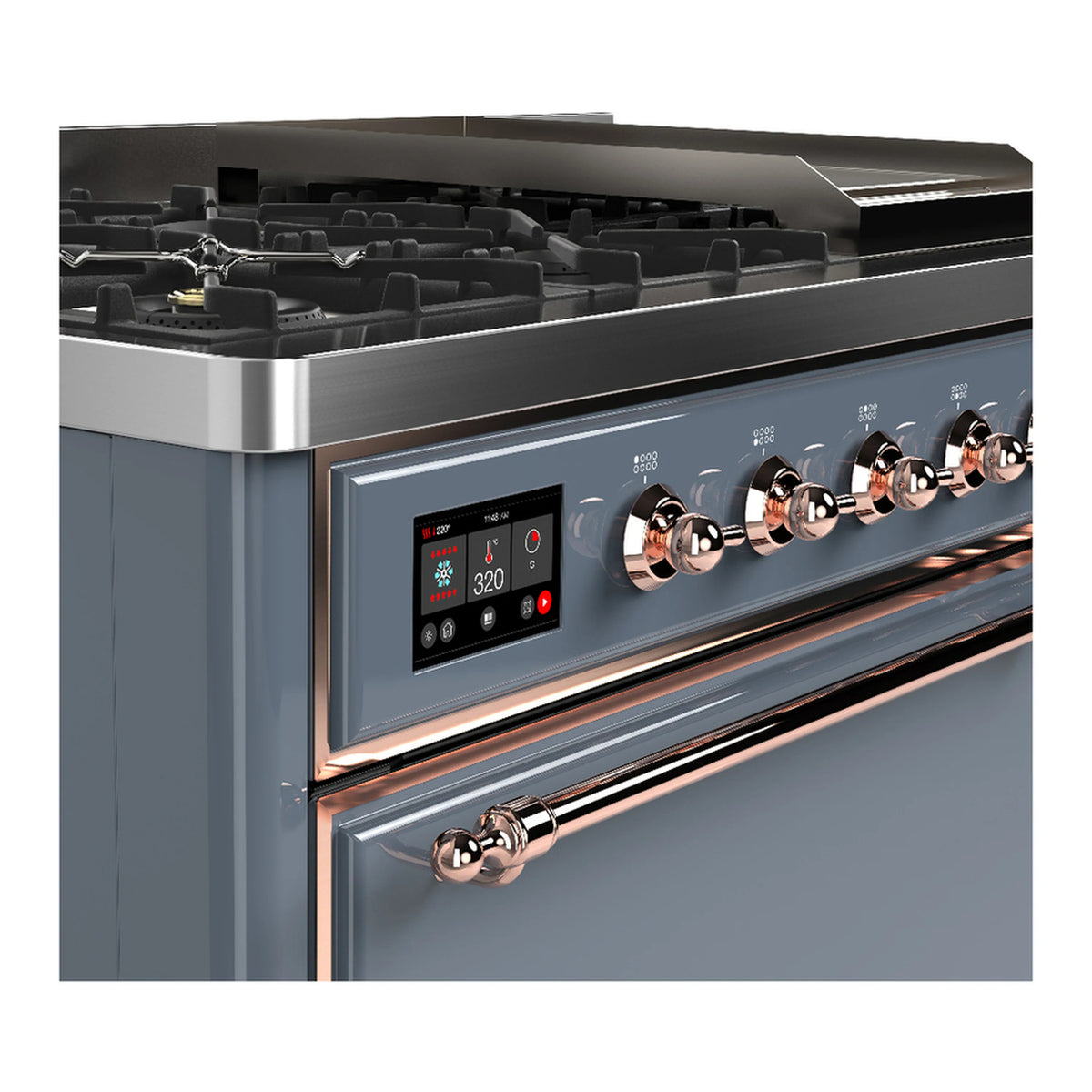 ILVE dual fuel range control panel and copper knobs on blue grey front