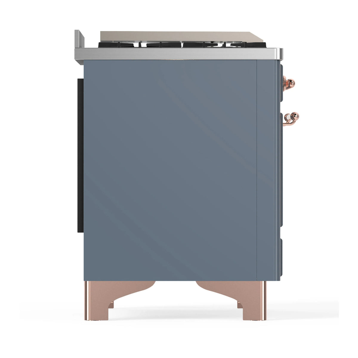 ILVE dual fuel range side view in blue grey with copper-trim details and top burners