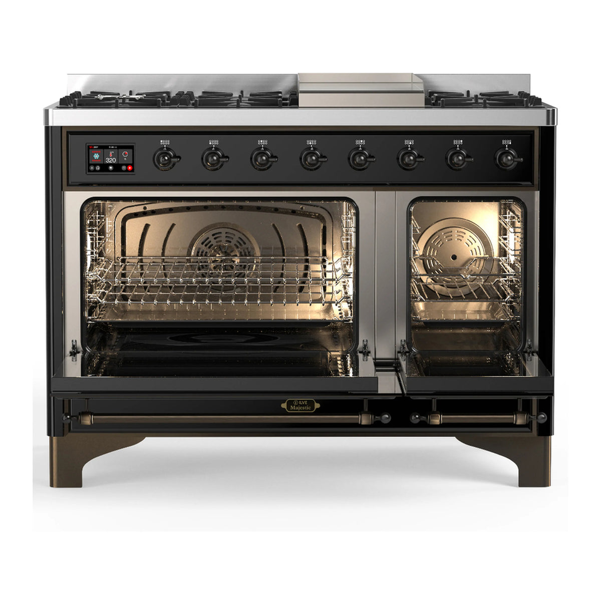 Glossy black dual fuel range with oven door open showing racks and interior light