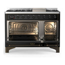 ILVE Majestic III 48-inch Dual Fuel Range with 5 Liquid Propane Burner, Griddle and Solid Door Electric Oven in Glossy Black with Burnished Trim (UM48FQNR3BKBLP)