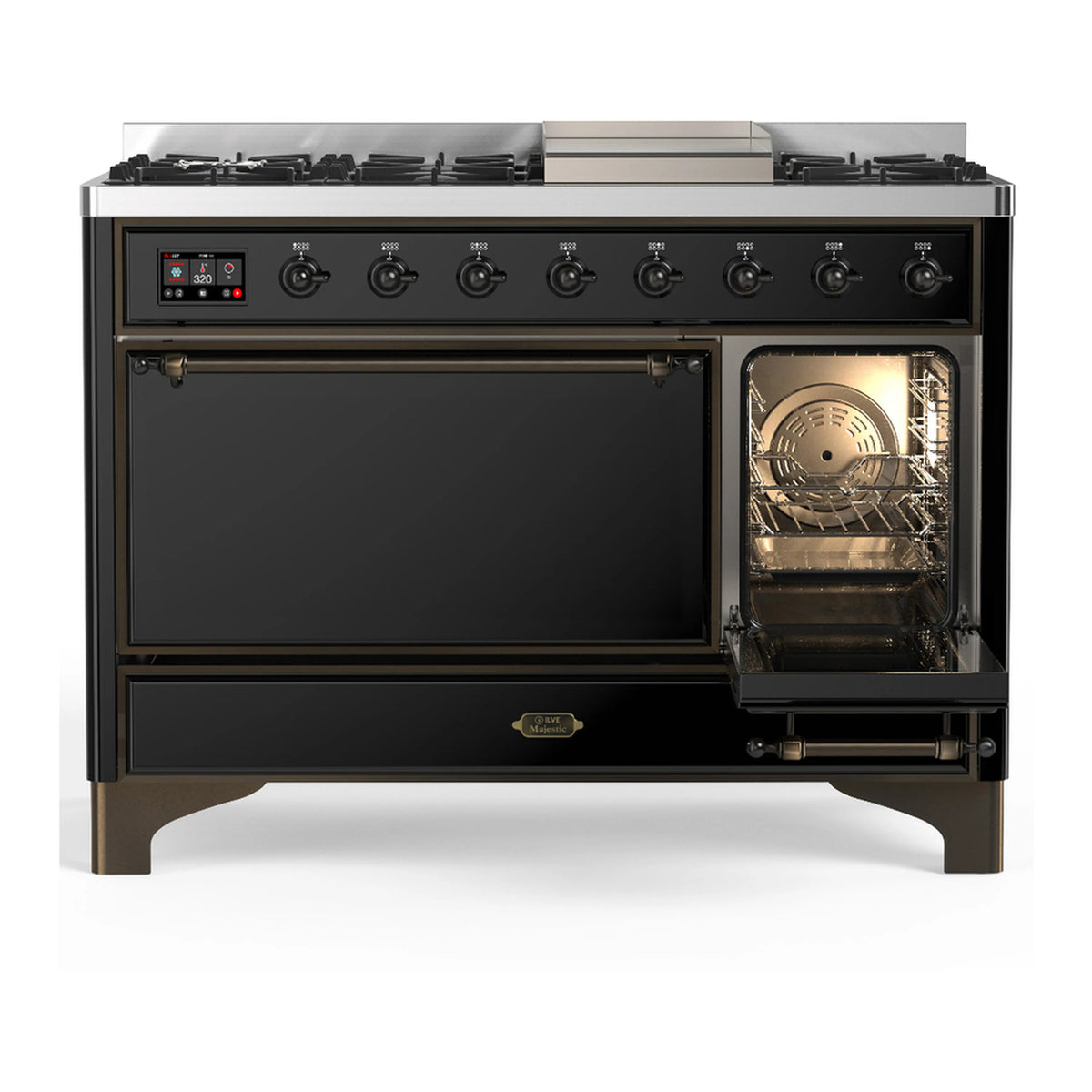Glossy black dual fuel range with large oven door open and burner control panel