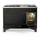 ILVE Majestic III 48-inch Dual Fuel Range with 5 Liquid Propane Burner, Griddle and Solid Door Electric Oven in Glossy Black with Burnished Trim (UM48FQNR3BKBLP)