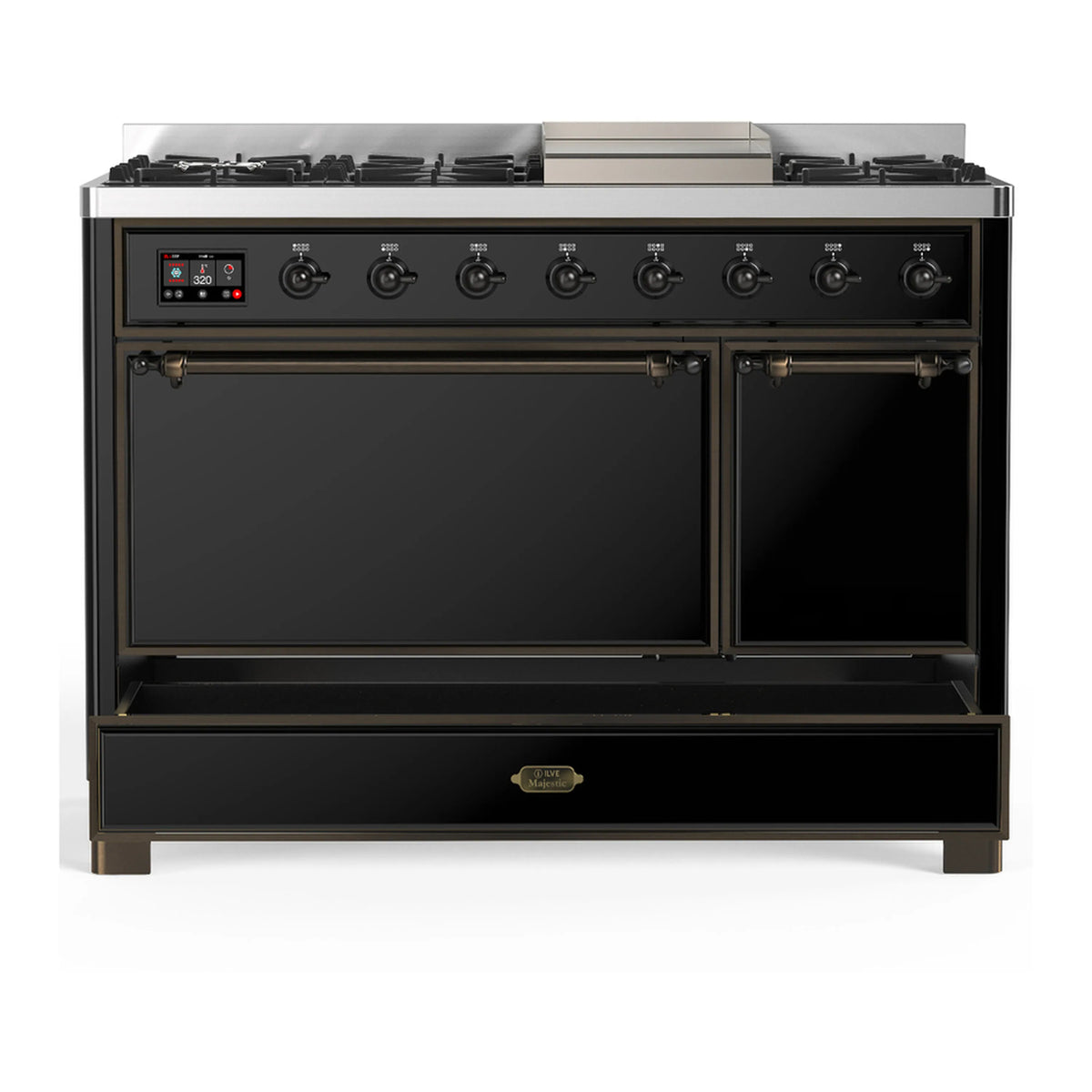 Glossy black dual fuel range with closed oven doors and control panel across the back