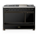 ILVE Majestic III 48-inch Dual Fuel Range with 5 Natural Gas Burner, Griddle and Solid Door Electric Oven in Glossy Black with Burnished Trim (UM48FQNR3BKB)