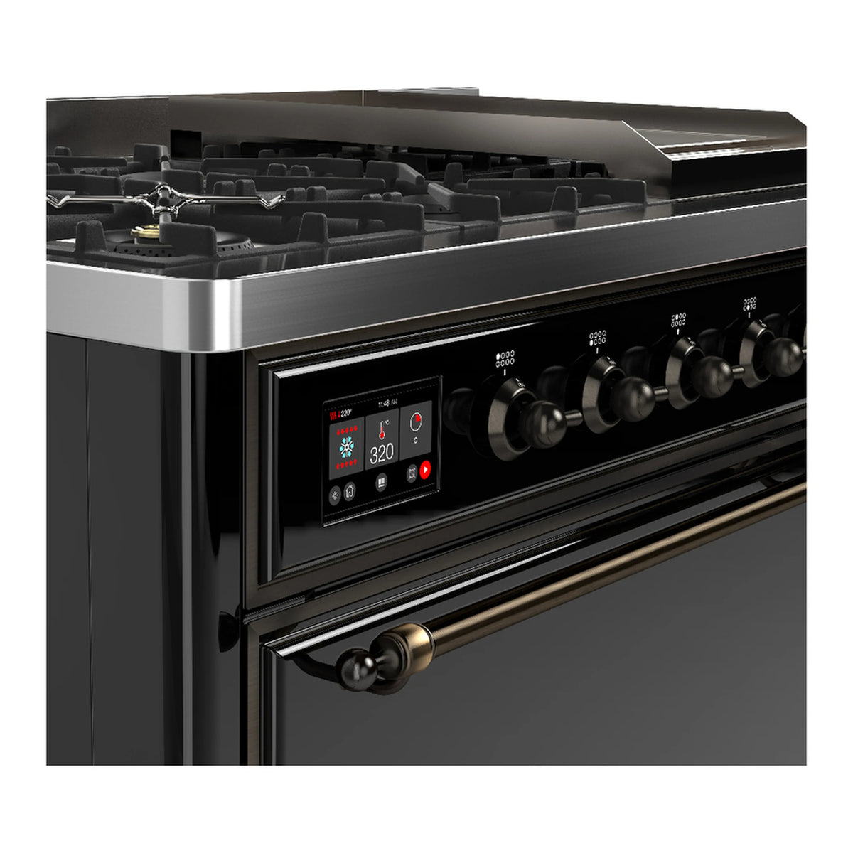 Dual fuel range control panel with illuminated display and black control knobs