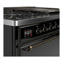 ILVE Majestic III 48-inch Dual Fuel Range with 5 Natural Gas Burner, Griddle and Solid Door Electric Oven in Glossy Black with Burnished Trim (UM48FQNR3BKB)