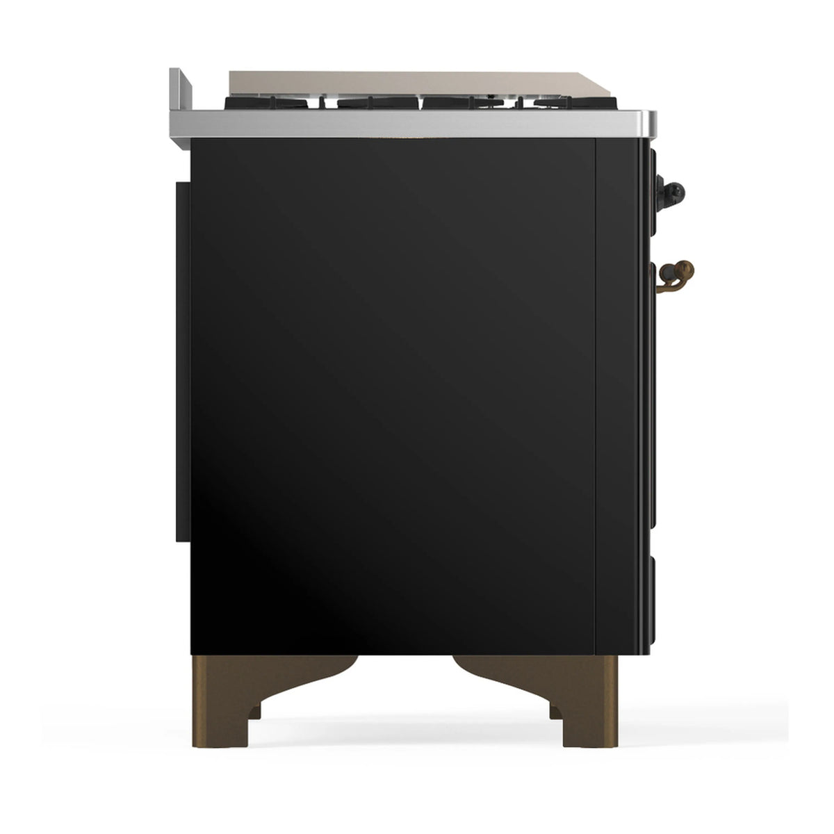 Glossy black range side panel with trim accents and burnished legs