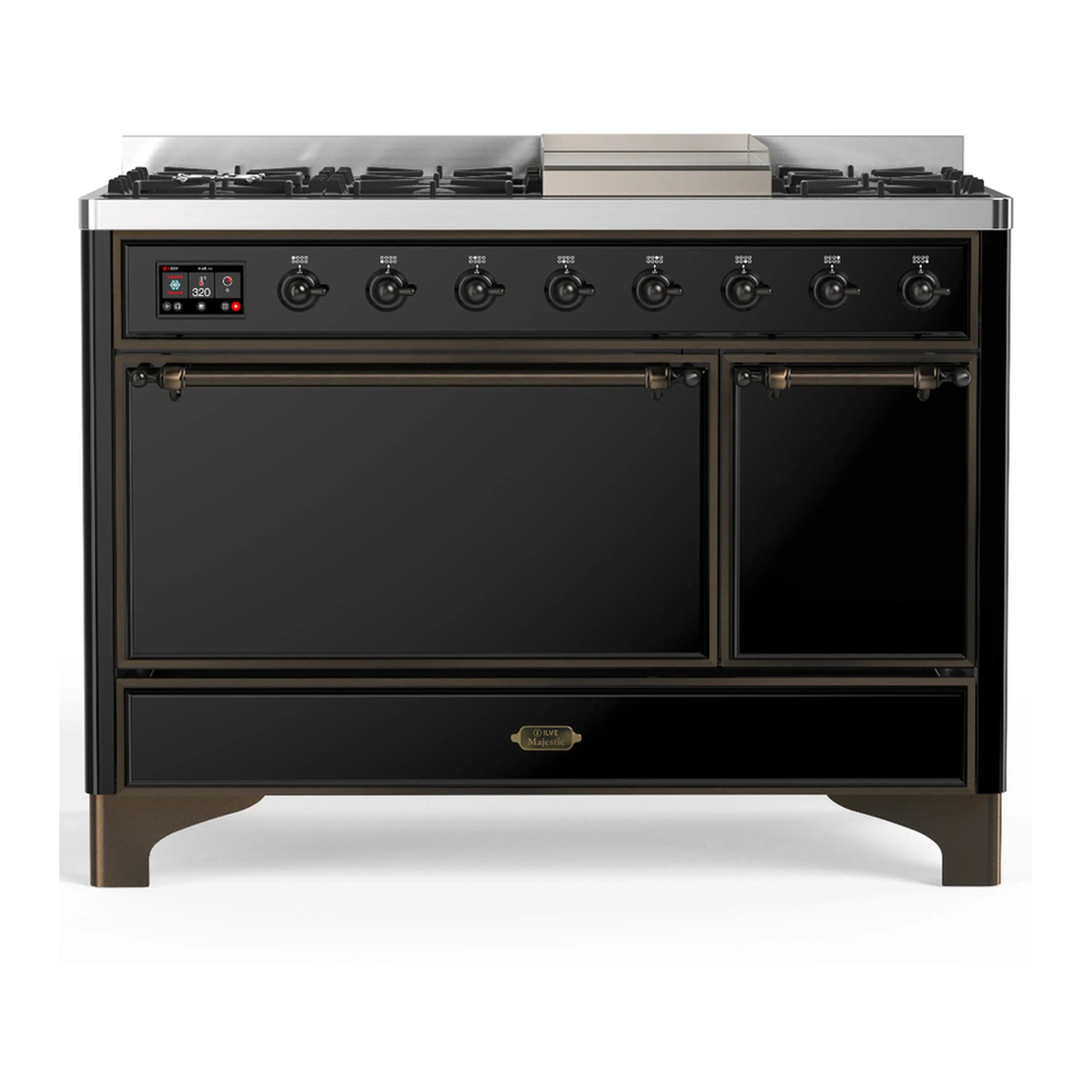 Glossy black 48-inch dual fuel range with burners, griddle, and two solid doors