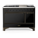 ILVE Majestic III 48-inch Dual Fuel Range with 5 Natural Gas Burner, Griddle and Solid Door Electric Oven in Glossy Black with Burnished Trim (UM48FQNR3BKB)